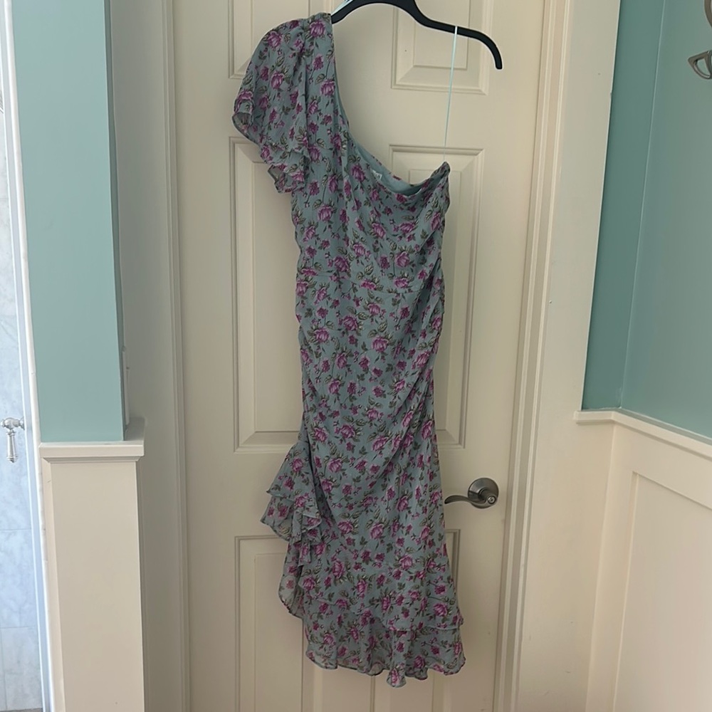 Astr Blue Gray Asymmetrical Ruffled Midi Dress